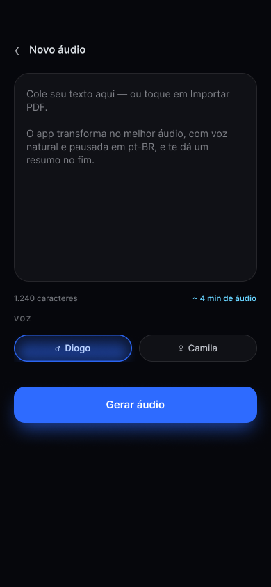 Cole texto, importe PDF ou documento
